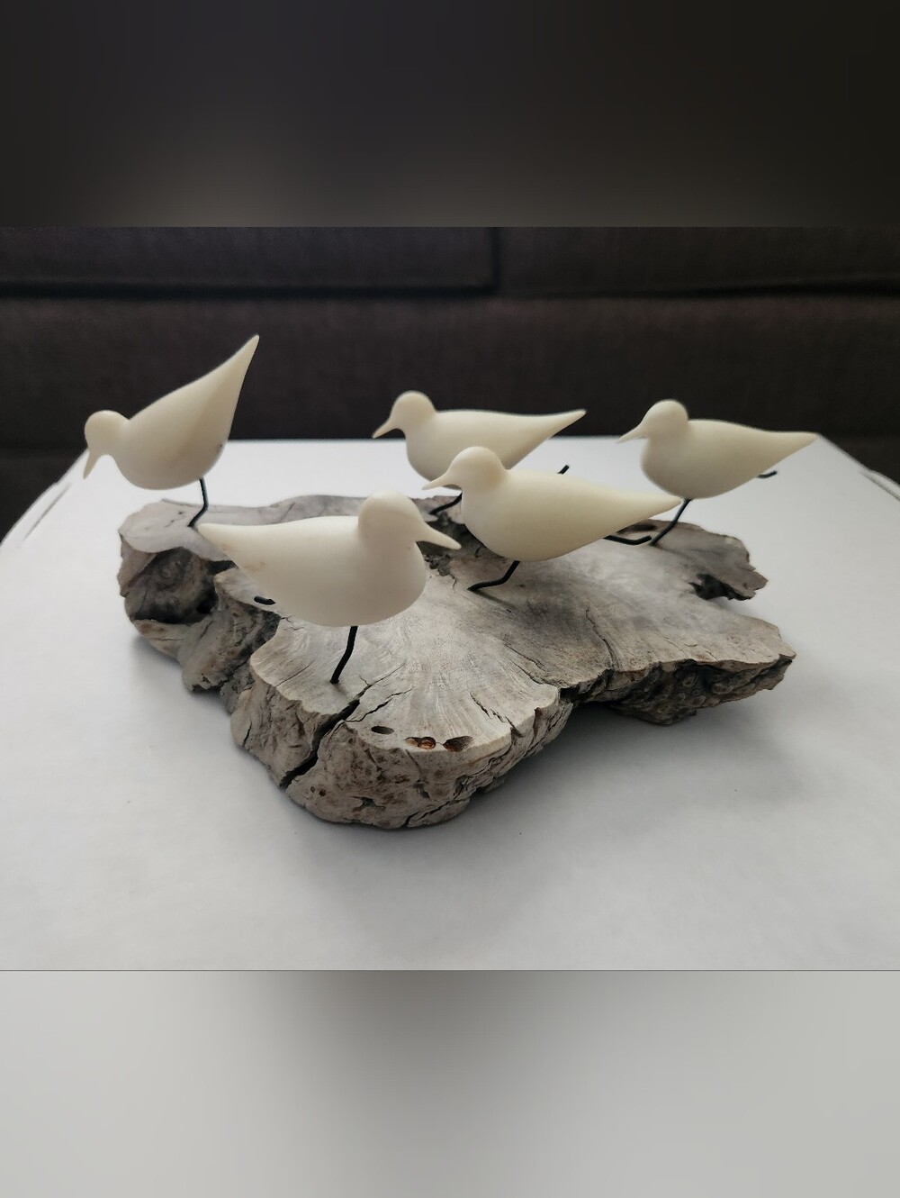 VTG JOHN PERRY Flock of 5 Sandpipers on Burl Wood Signed by Artist Beach Ocean